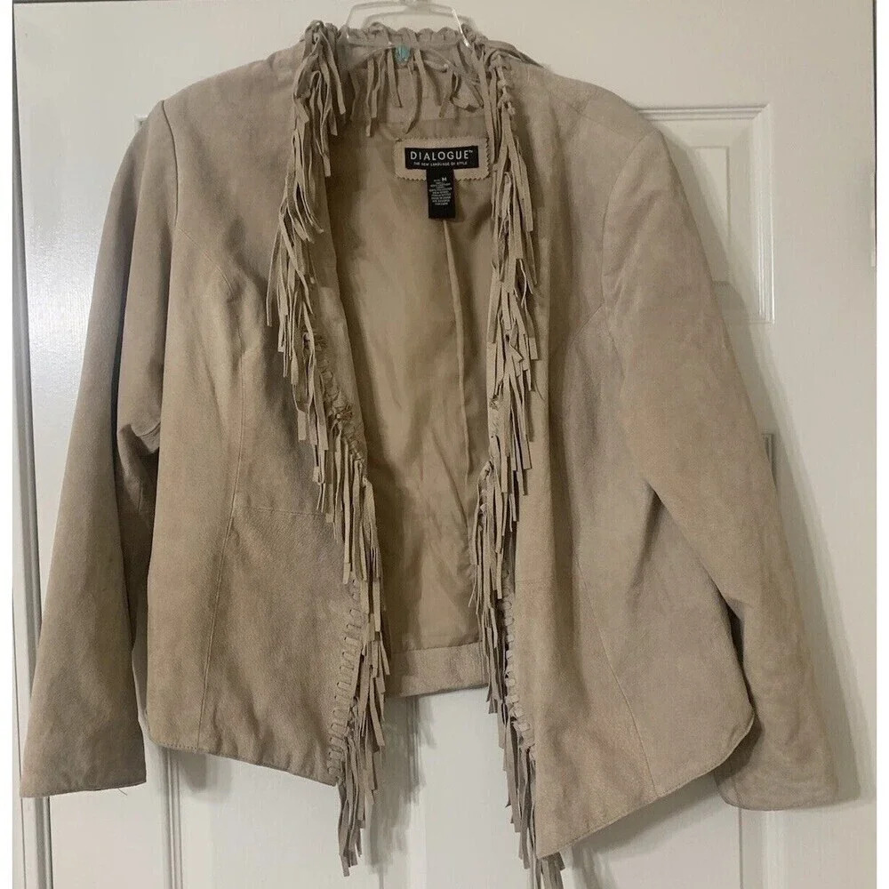 Dialogue Beige Leather Jacket with Fringe and Cropped Design